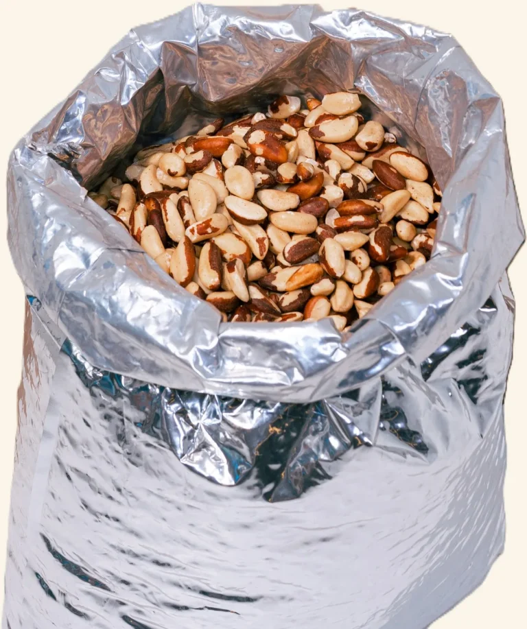 Saco aluminizado aberto, cheio de castanhas-do-Pará sem casca.